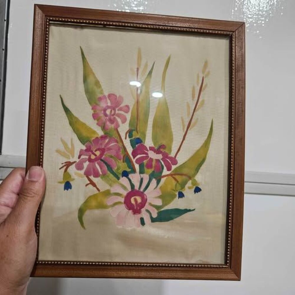 Vintage Hand-Painted Floral Framed Art on silk fabric